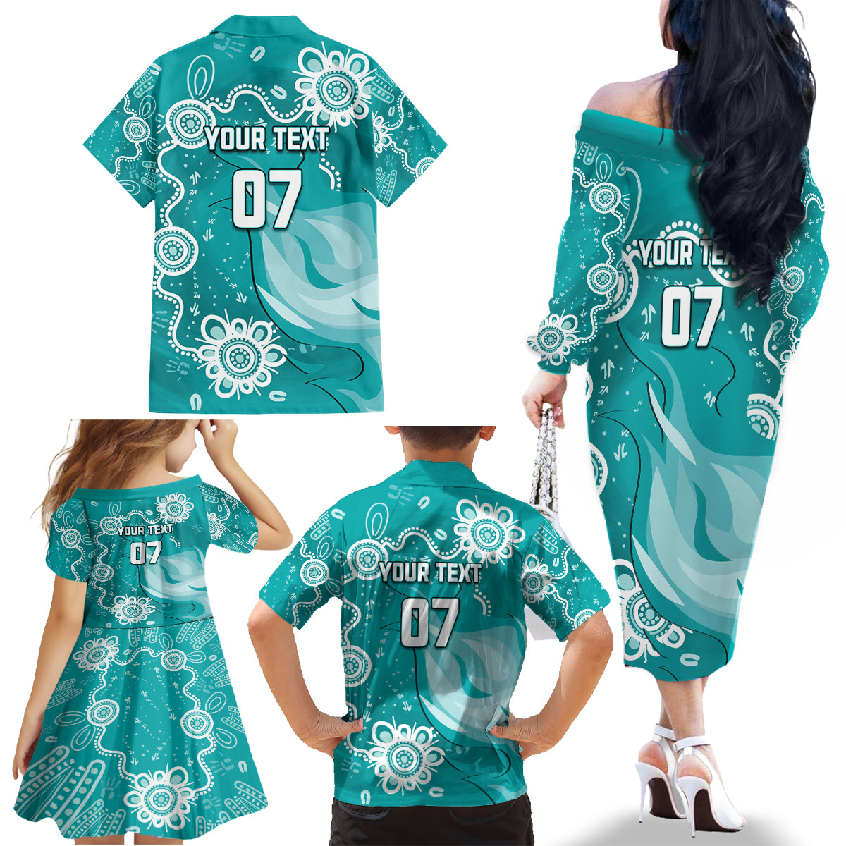 custom-brisbane-cricket-indigenous-family-matching-off-shoulder-long-sleeve-dress-and-hawaiian-shirt-feel-the-heat