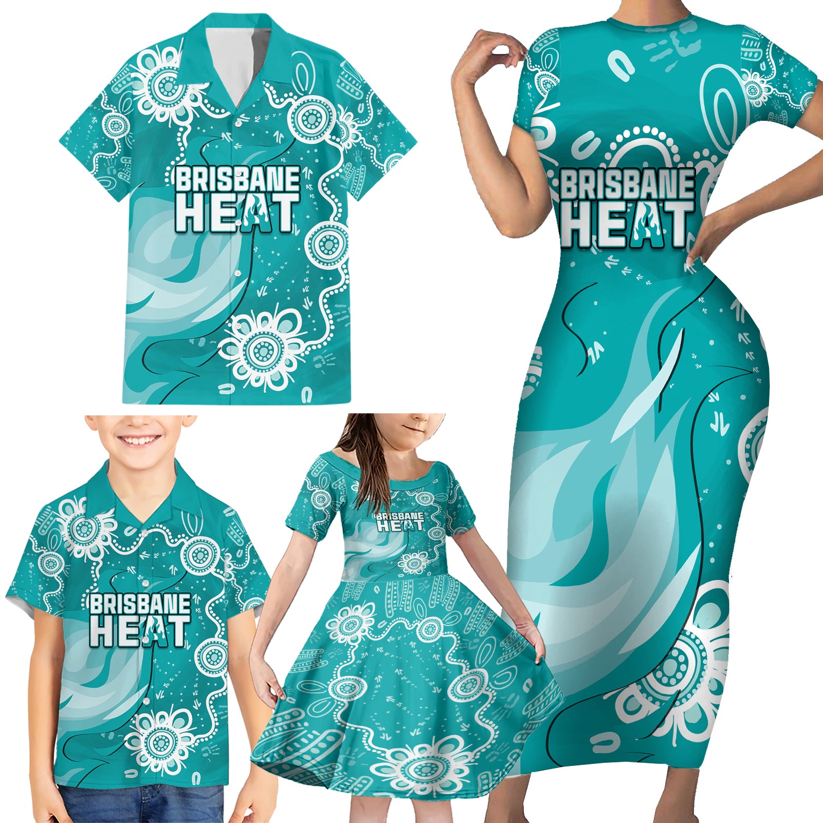 custom-brisbane-cricket-indigenous-family-matching-short-sleeve-bodycon-dress-and-hawaiian-shirt-feel-the-heat