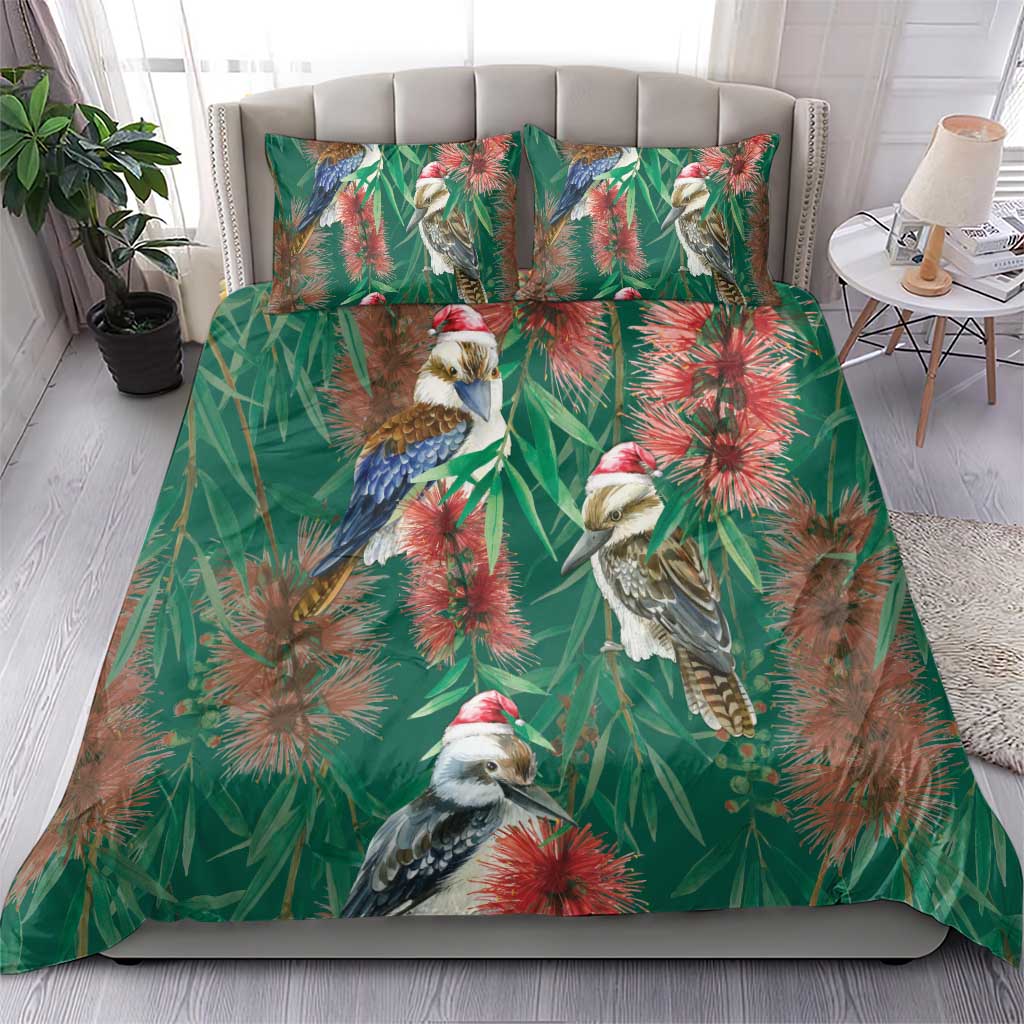 Australia Christmas Bedding Set Kookaburra Santa on Callistemon - Forest Green - Vibe Hoodie Shop