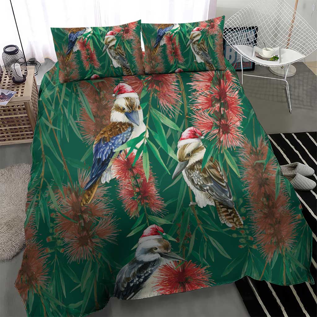 Australia Christmas Bedding Set Kookaburra Santa on Callistemon - Forest Green - Vibe Hoodie Shop