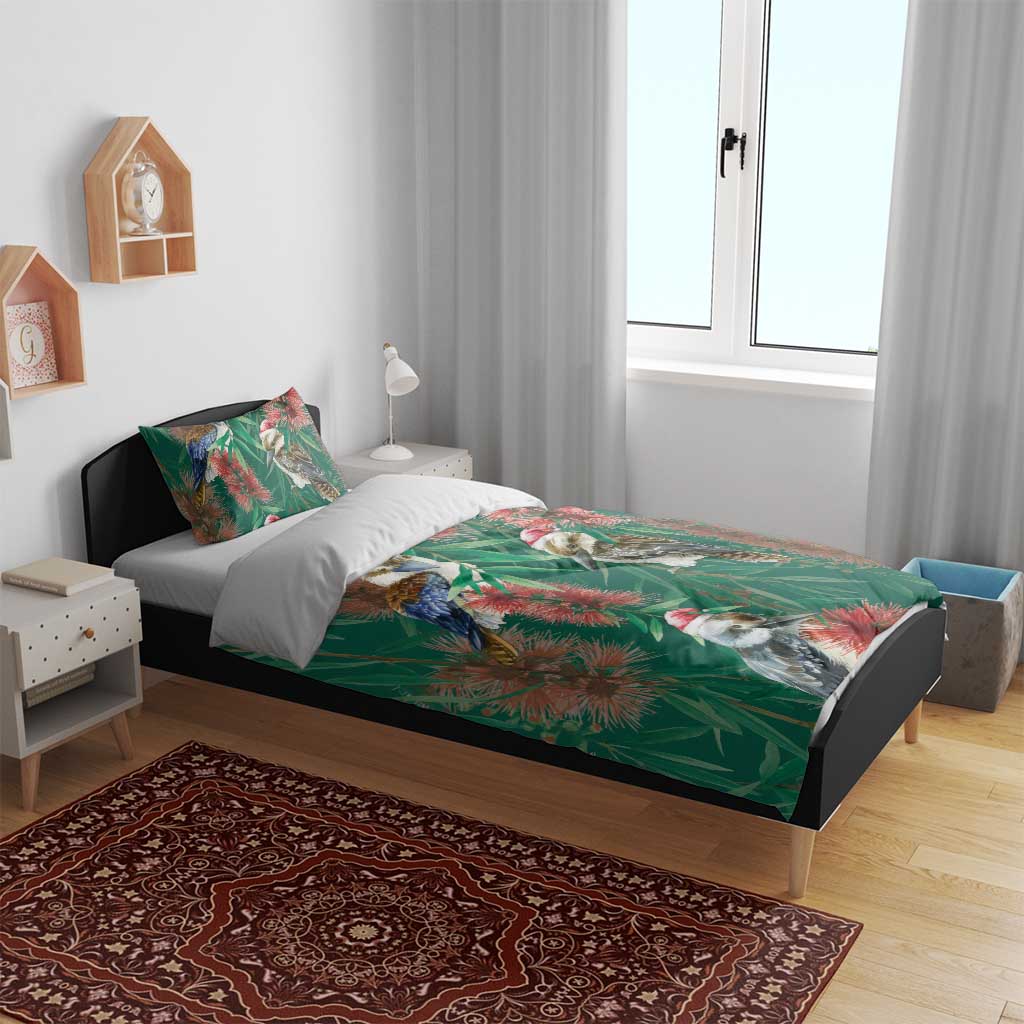 Australia Christmas Bedding Set Kookaburra Santa on Callistemon - Forest Green - Vibe Hoodie Shop