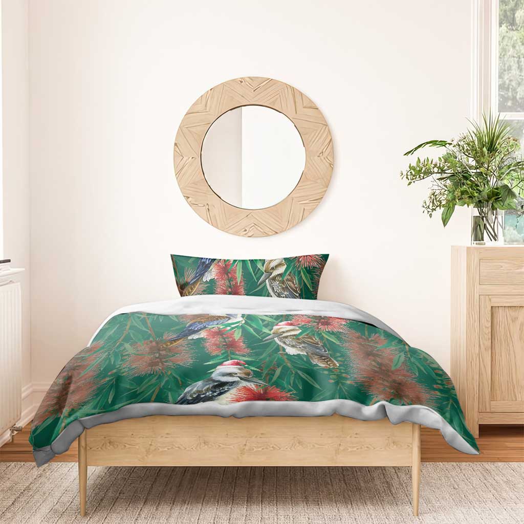 Australia Christmas Bedding Set Kookaburra Santa on Callistemon - Forest Green - Vibe Hoodie Shop