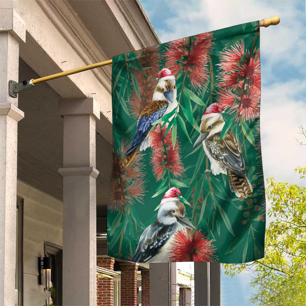 Australia Christmas Garden Flag Kookaburra Santa on Callistemon - Forest Green - Vibe Hoodie Shop