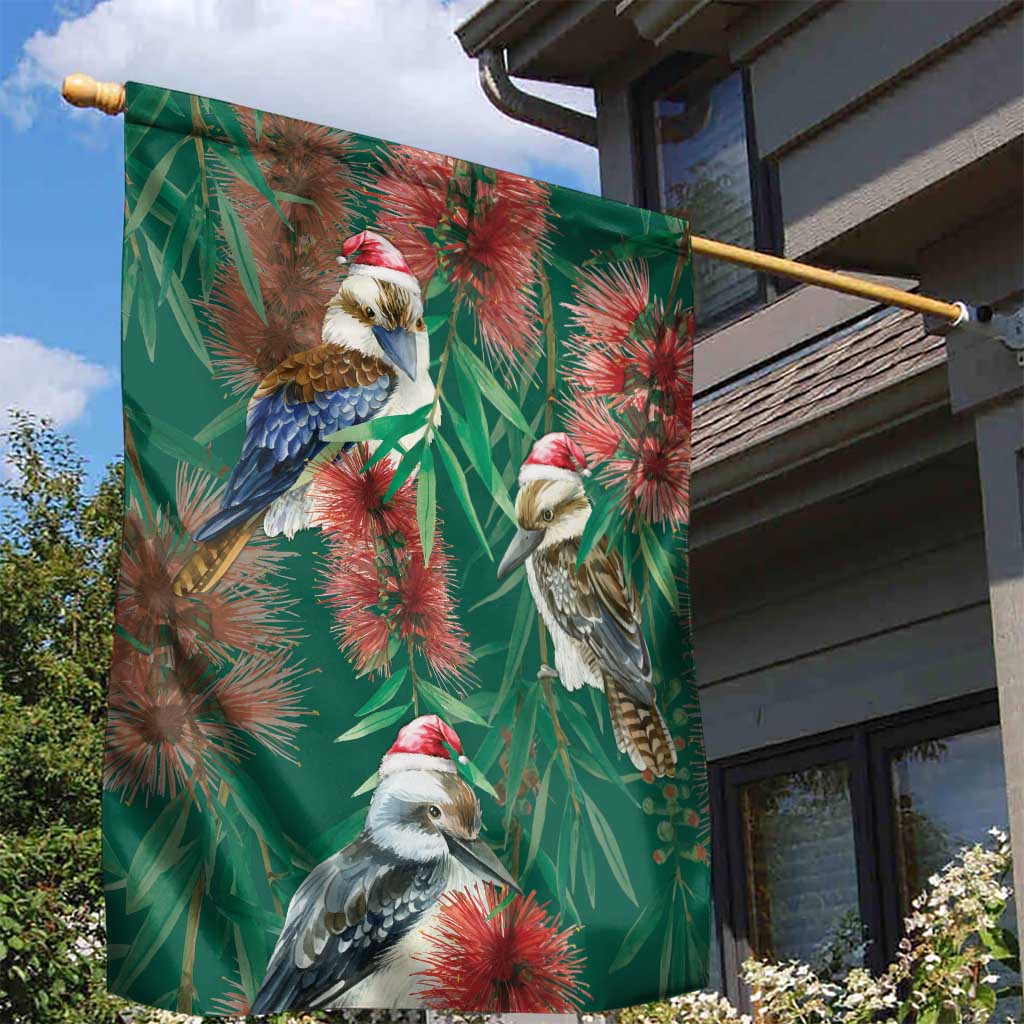 Australia Christmas Garden Flag Kookaburra Santa on Callistemon - Forest Green - Vibe Hoodie Shop