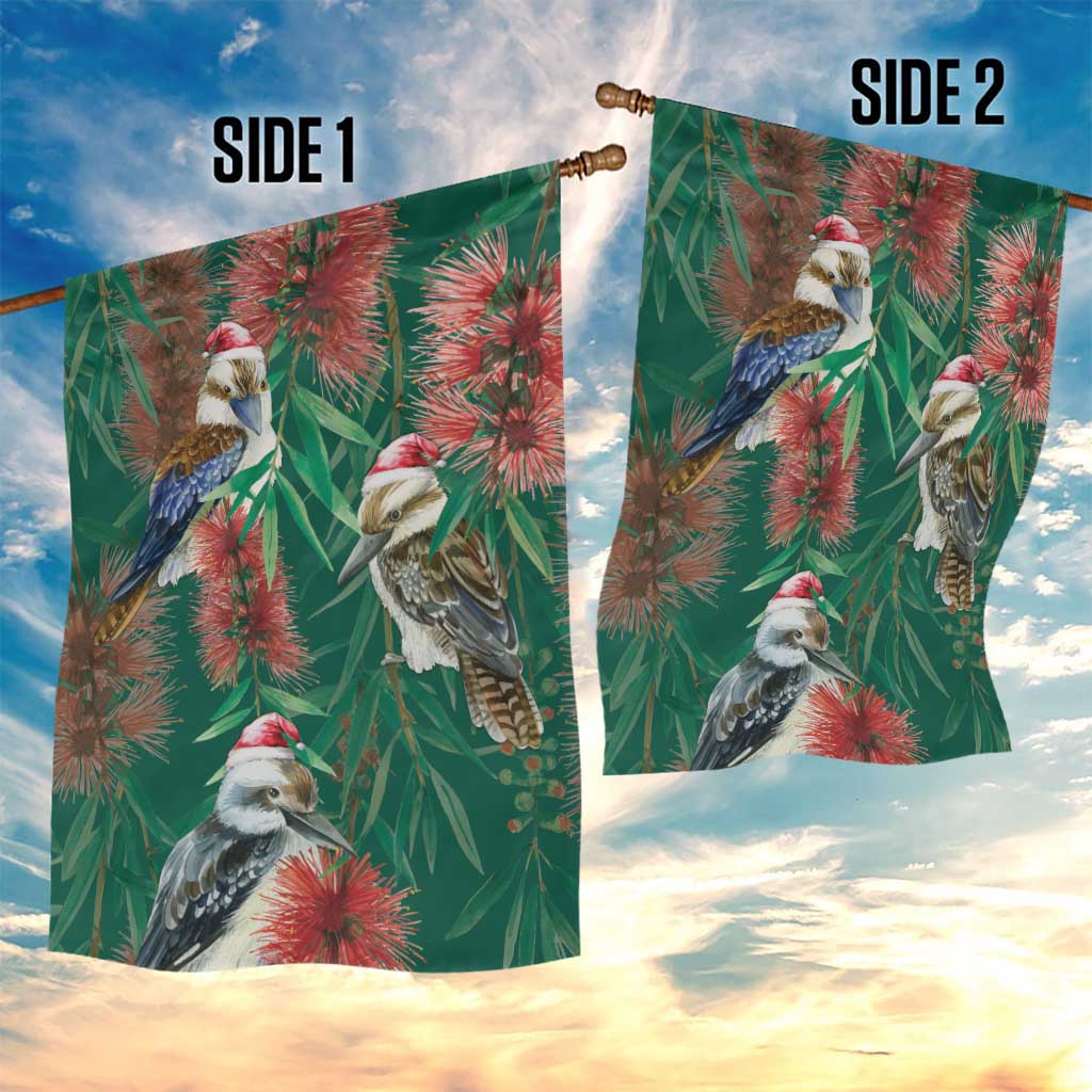 Australia Christmas Garden Flag Kookaburra Santa on Callistemon - Forest Green - Vibe Hoodie Shop