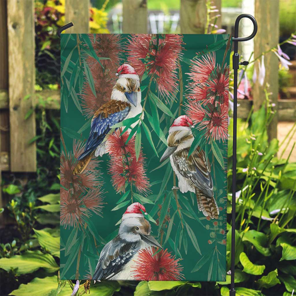 Australia Christmas Garden Flag Kookaburra Santa on Callistemon - Forest Green - Vibe Hoodie Shop