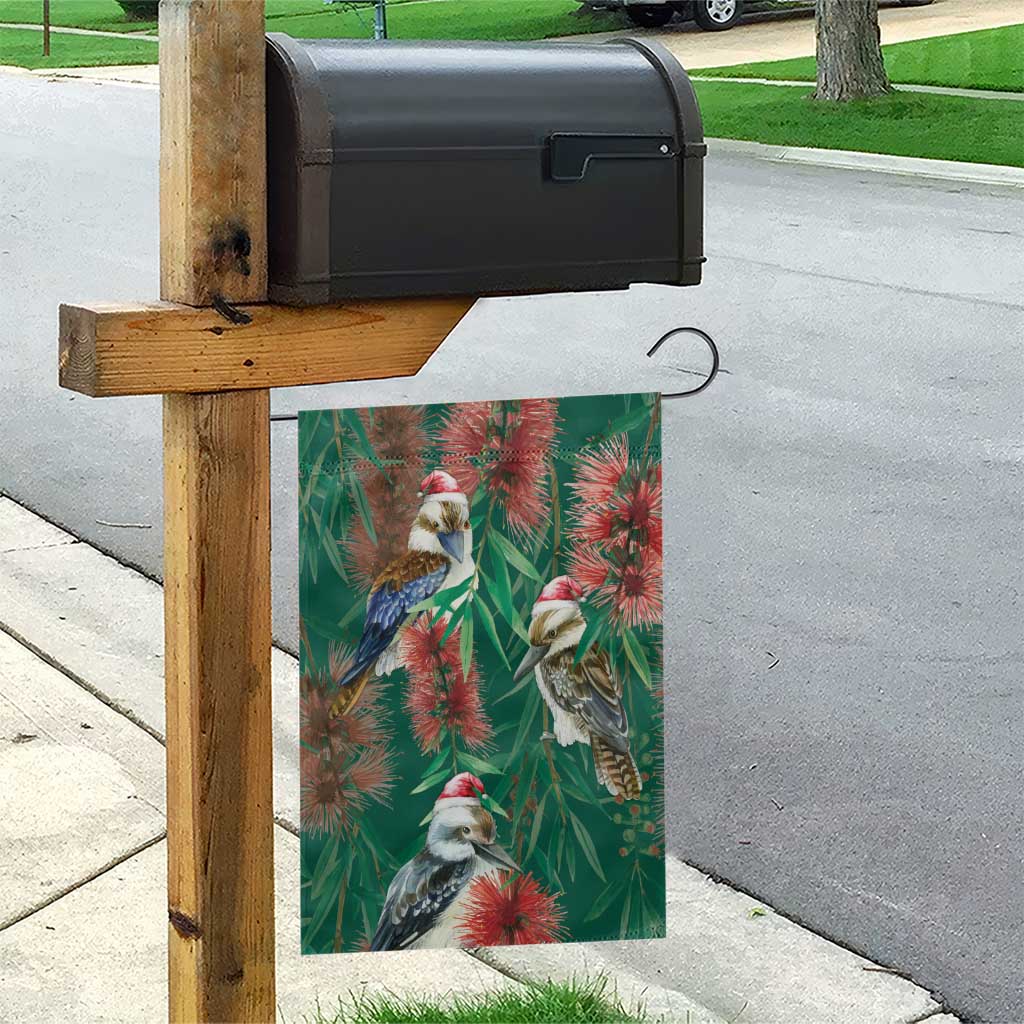 Australia Christmas Garden Flag Kookaburra Santa on Callistemon - Forest Green - Vibe Hoodie Shop