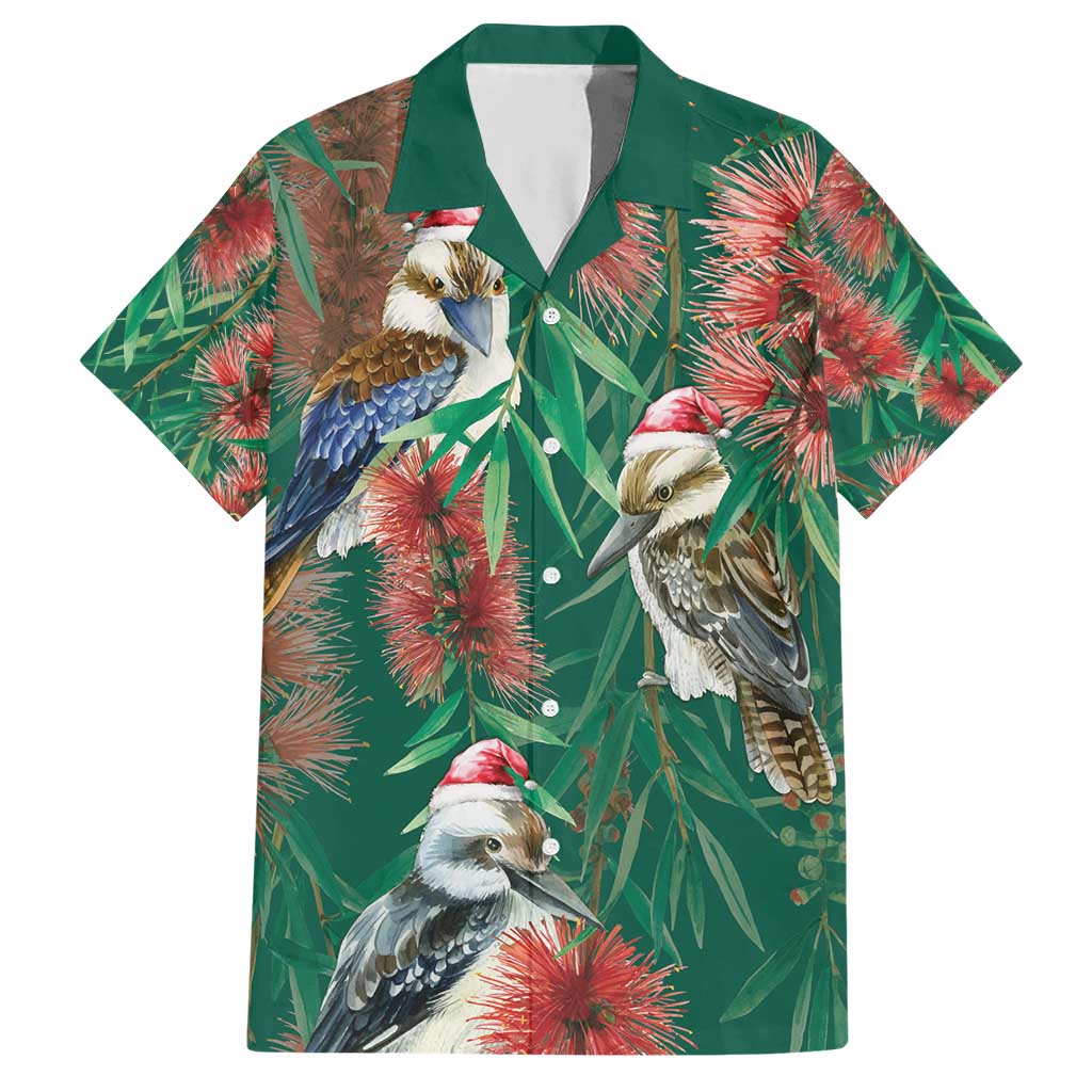 Australia Christmas Hawaiian Shirt Kookaburra Santa on Callistemon - Forest Green - Vibe Hoodie Shop