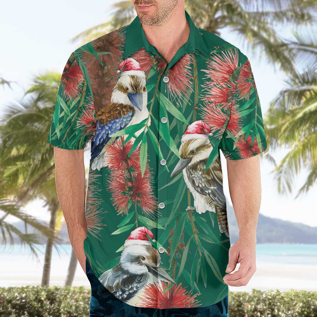 Australia Christmas Hawaiian Shirt Kookaburra Santa on Callistemon - Forest Green - Vibe Hoodie Shop