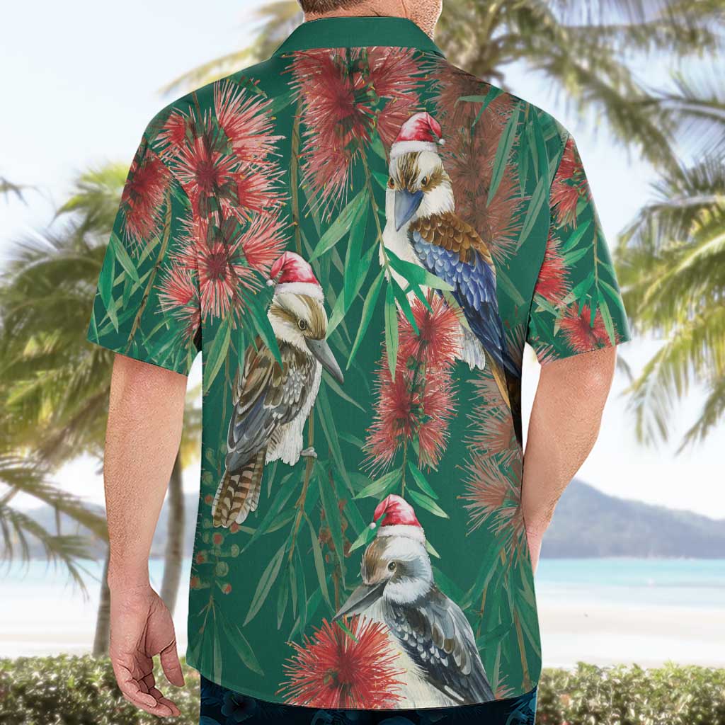 Australia Christmas Hawaiian Shirt Kookaburra Santa on Callistemon - Forest Green - Vibe Hoodie Shop