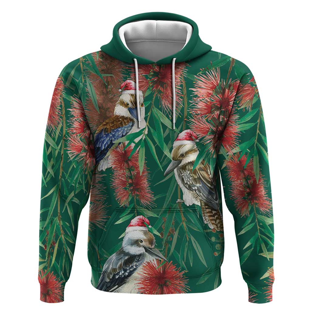 Australia Christmas Hoodie Kookaburra Santa on Callistemon - Forest Green LT7 - Vibe Hoodie Shop