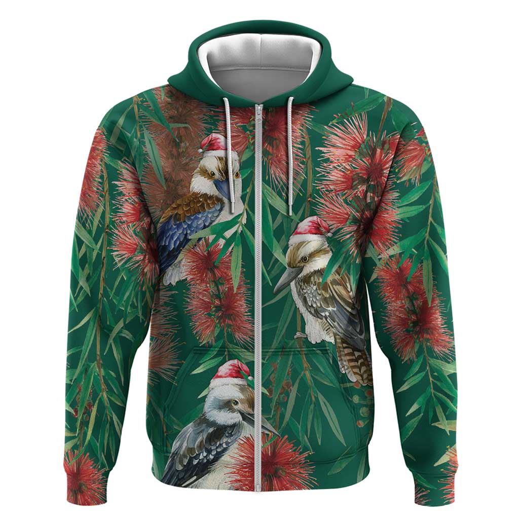Australia Christmas Hoodie Kookaburra Santa on Callistemon - Forest Green LT7 - Vibe Hoodie Shop