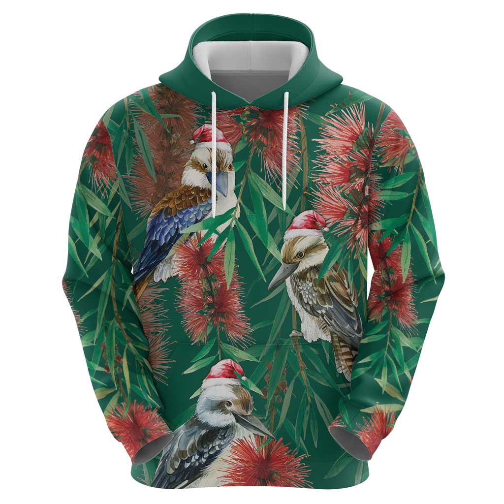 Australia Christmas Hoodie Kookaburra Santa on Callistemon - Forest Green LT7 - Vibe Hoodie Shop