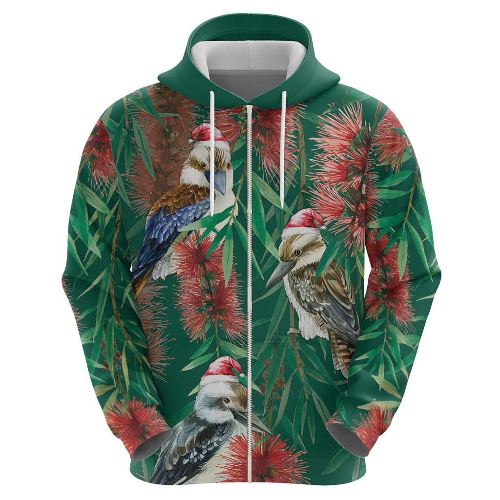 Australia Christmas Hoodie Kookaburra Santa on Callistemon - Forest Green LT7 - Vibe Hoodie Shop