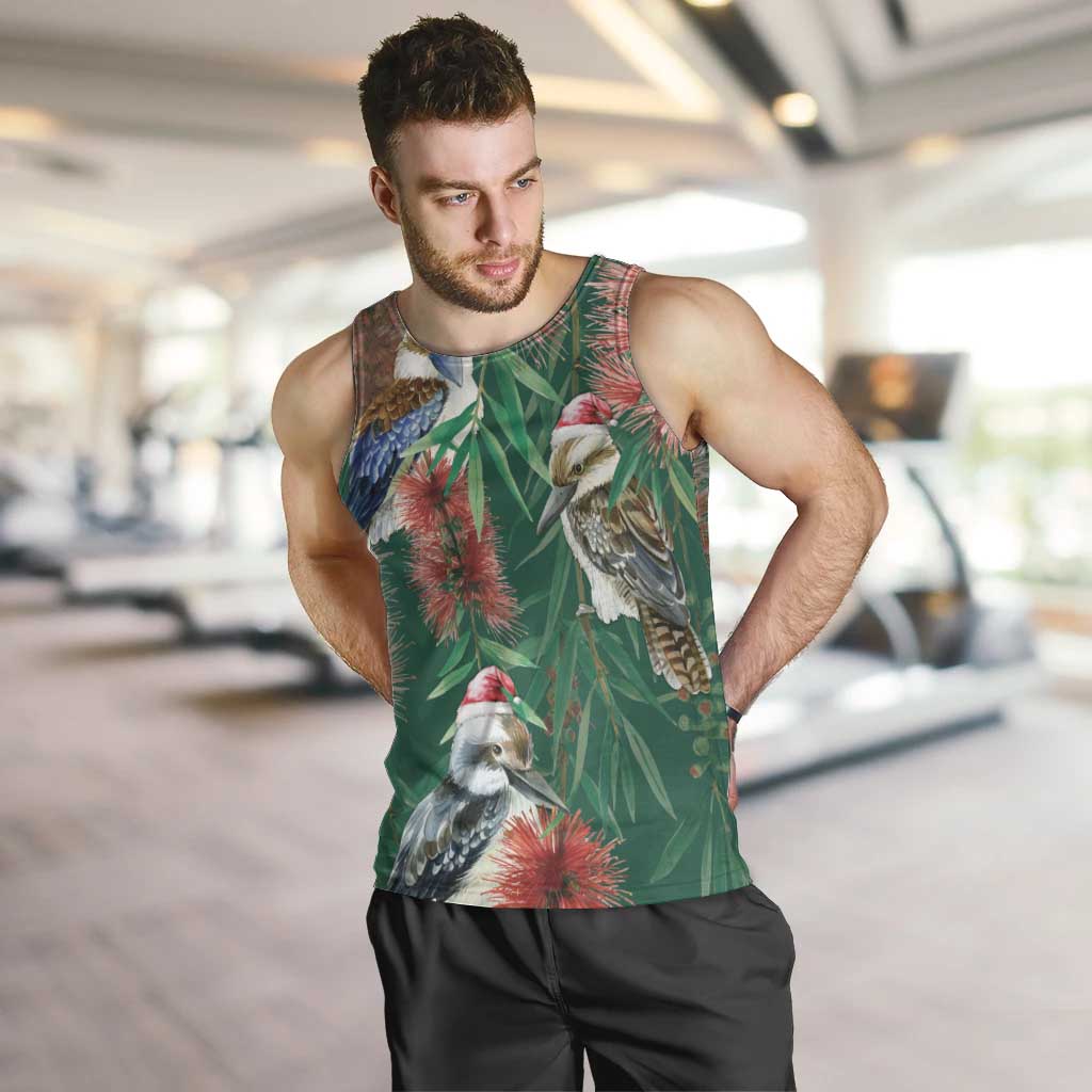 Australia Christmas Men Tank Top Kookaburra Santa on Callistemon - Forest Green - Vibe Hoodie Shop