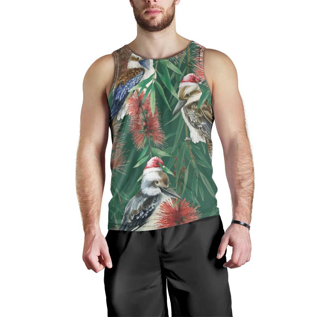 Australia Christmas Men Tank Top Kookaburra Santa on Callistemon - Forest Green - Vibe Hoodie Shop