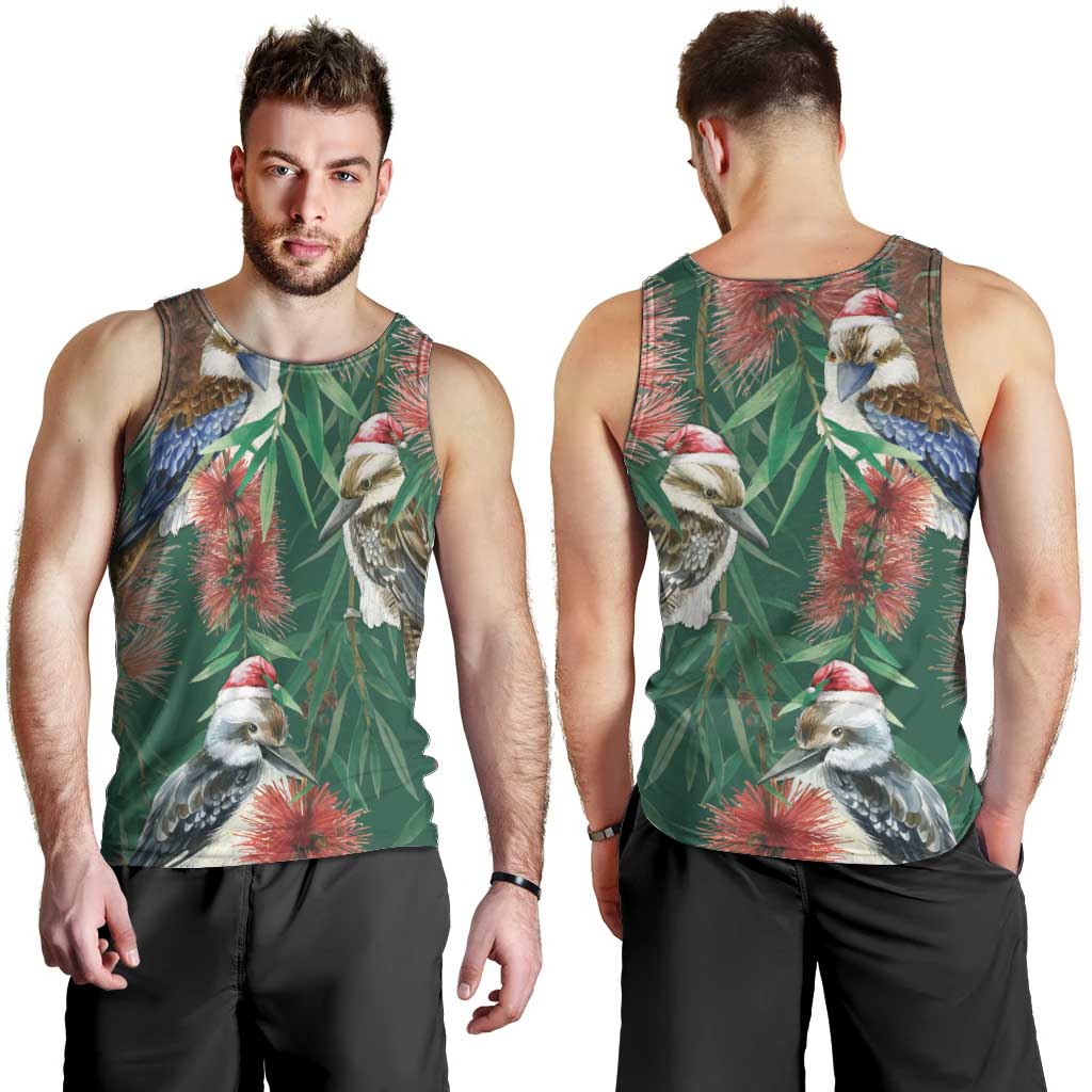 Australia Christmas Men Tank Top Kookaburra Santa on Callistemon - Forest Green - Vibe Hoodie Shop
