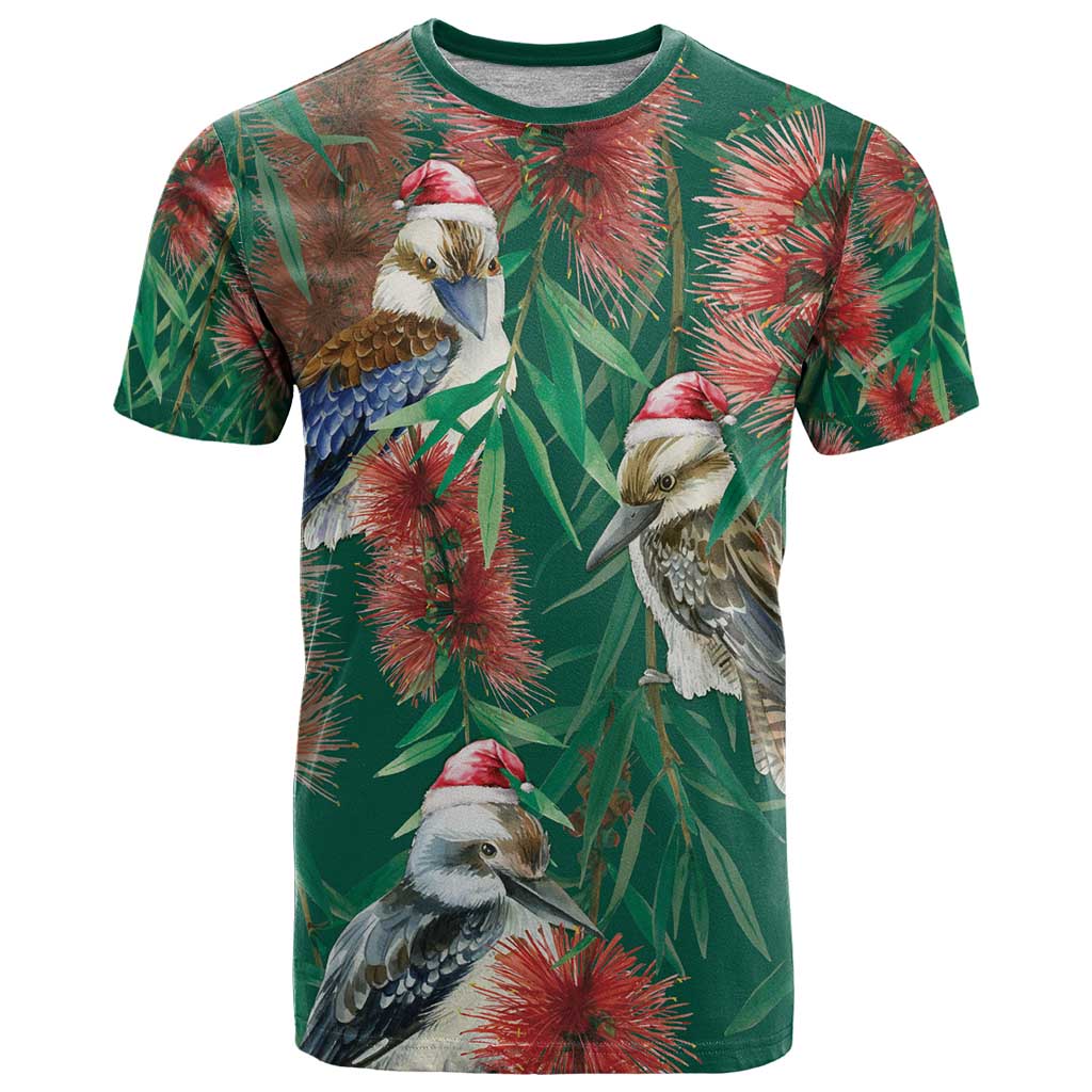 Australia Christmas T Shirt Kookaburra Santa on Callistemon - Forest Green - Vibe Hoodie Shop