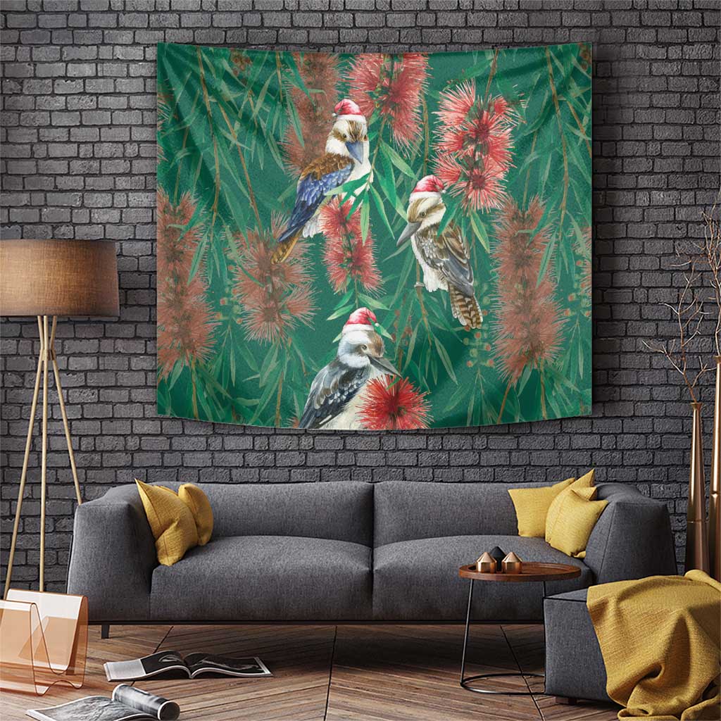 Australia Christmas Tapestry Kookaburra Santa on Callistemon - Forest Green - Vibe Hoodie Shop