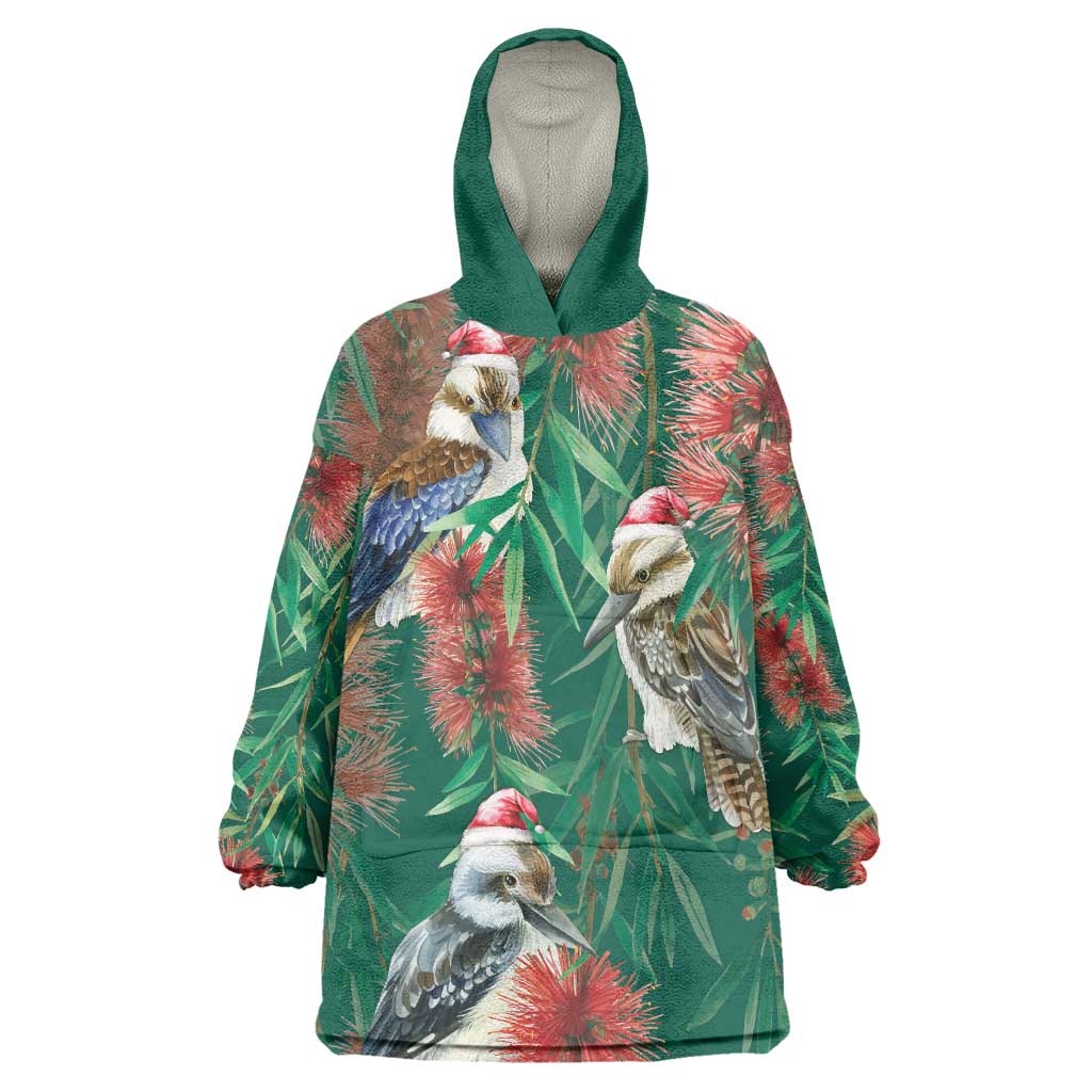 Australia Christmas Wearable Blanket Hoodie Kookaburra Santa on Callistemon - Forest Green - Vibe Hoodie Shop