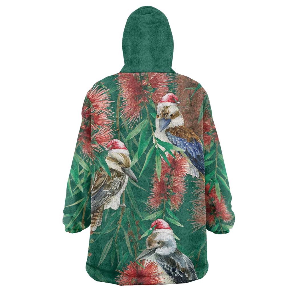 Australia Christmas Wearable Blanket Hoodie Kookaburra Santa on Callistemon - Forest Green - Vibe Hoodie Shop