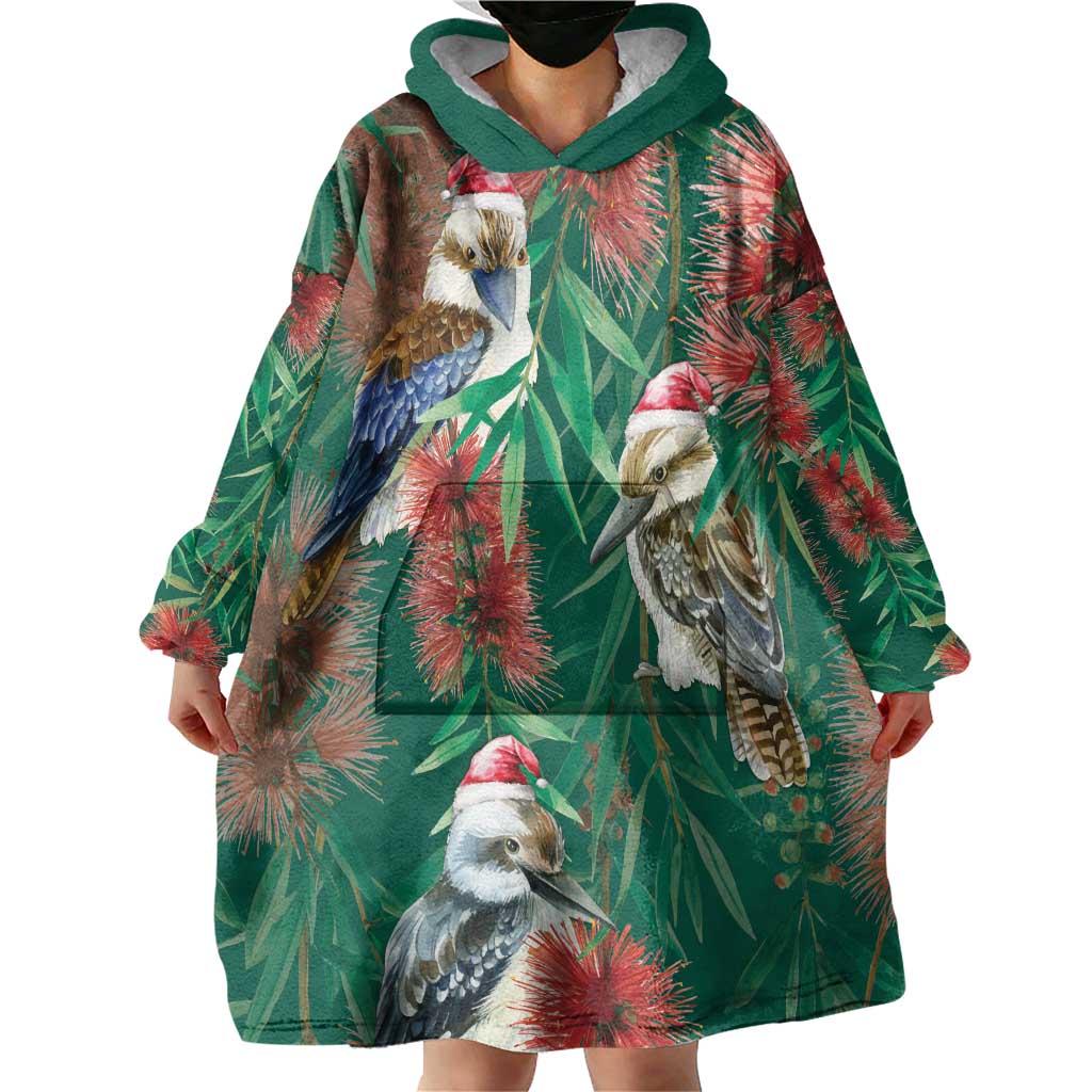 Australia Christmas Wearable Blanket Hoodie Kookaburra Santa on Callistemon - Forest Green - Vibe Hoodie Shop