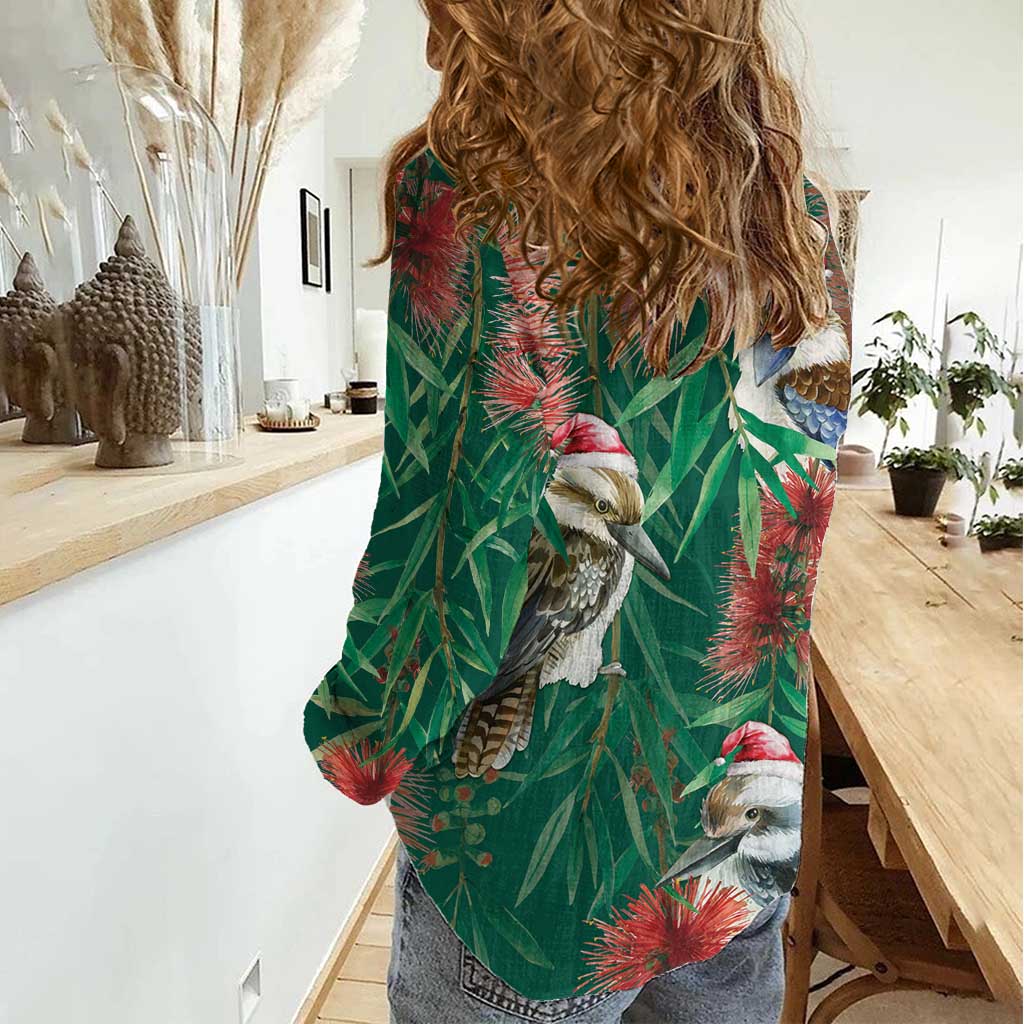 Australia Christmas Women Casual Shirt Kookaburra Santa on Callistemon - Forest Green - Vibe Hoodie Shop