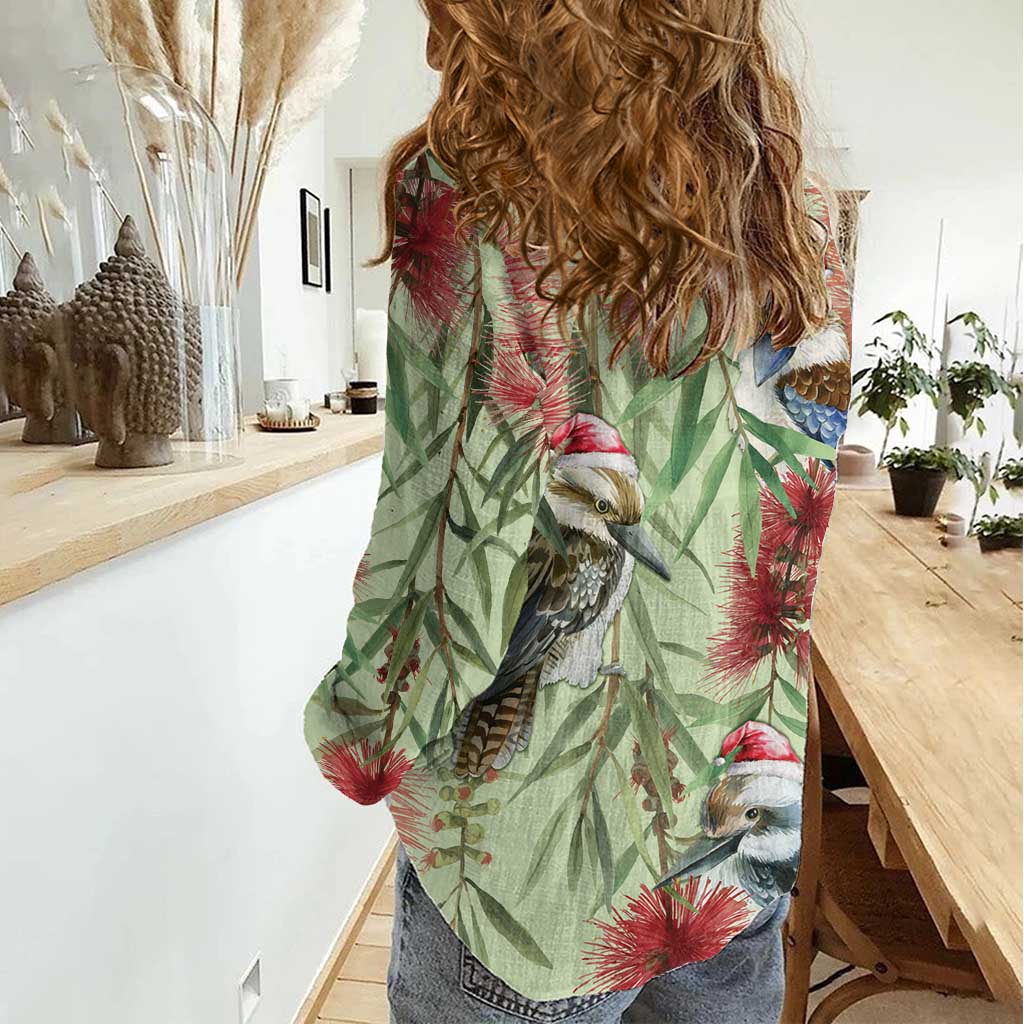 Australia Christmas Women Casual Shirt Kookaburra Santa on Callistemon - Pastel - Vibe Hoodie Shop