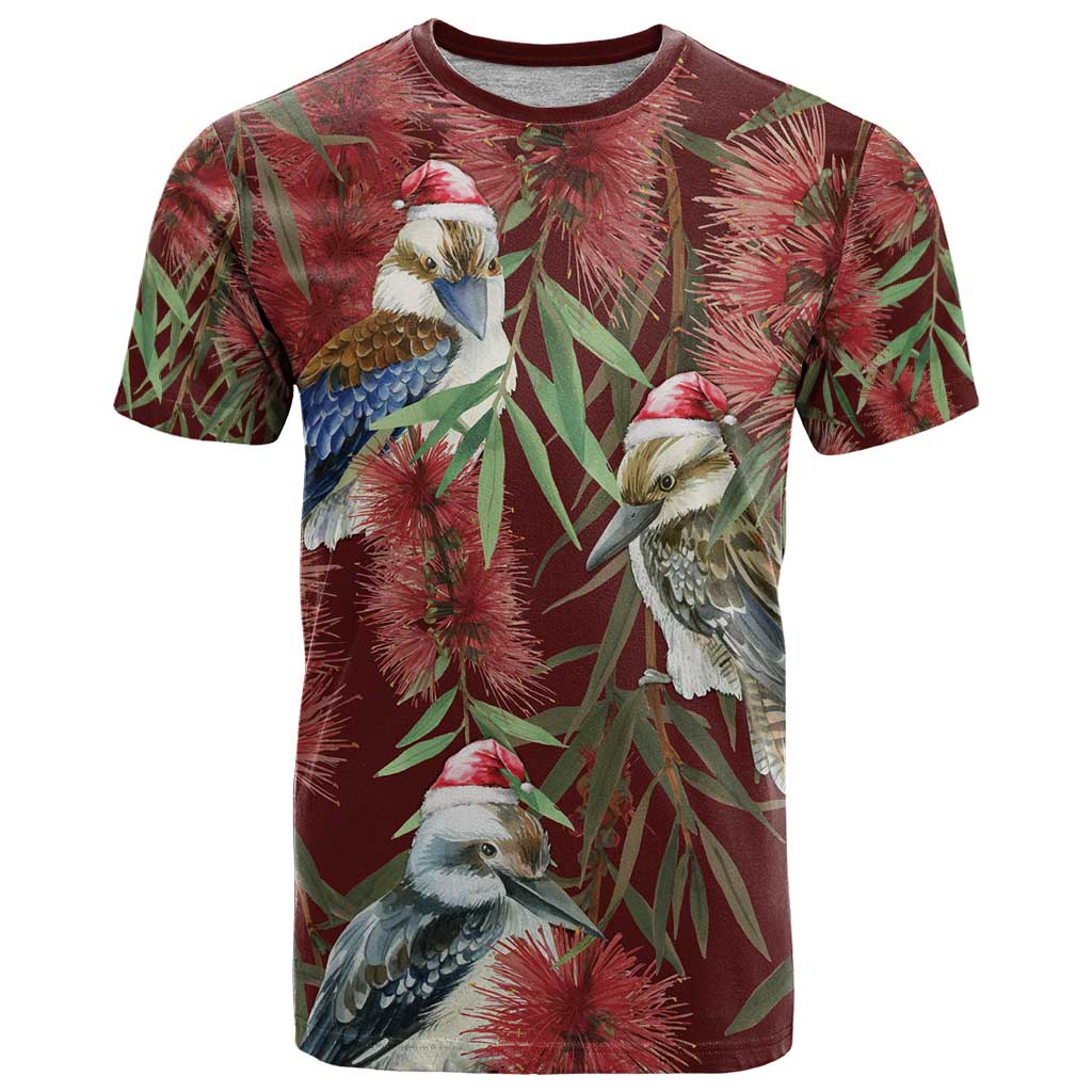 Australia Christmas T Shirt Kookaburra Santa on Red Bottlebrush - Vibe Hoodie Shop