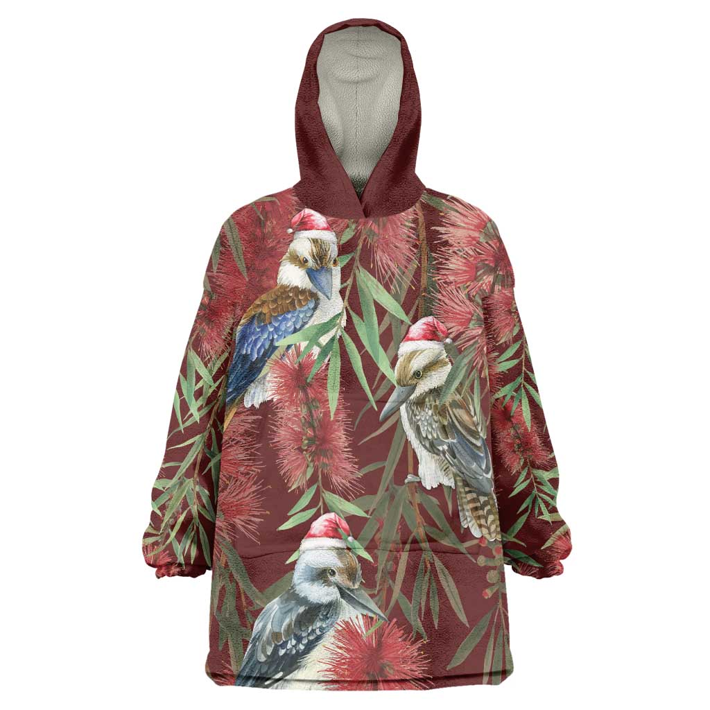 Australia Christmas Wearable Blanket Hoodie Kookaburra Santa on Red Bottlebrush - Vibe Hoodie Shop