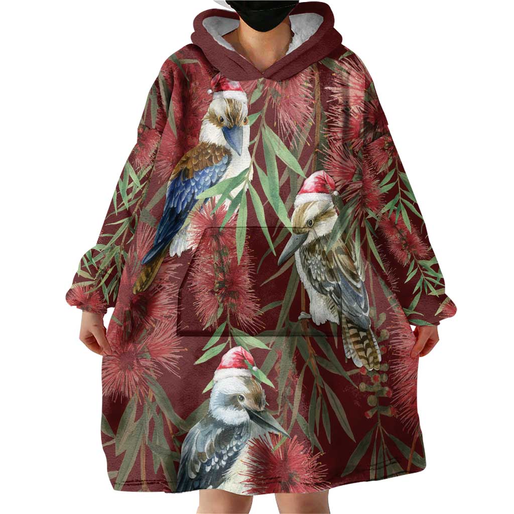 Australia Christmas Wearable Blanket Hoodie Kookaburra Santa on Red Bottlebrush - Vibe Hoodie Shop