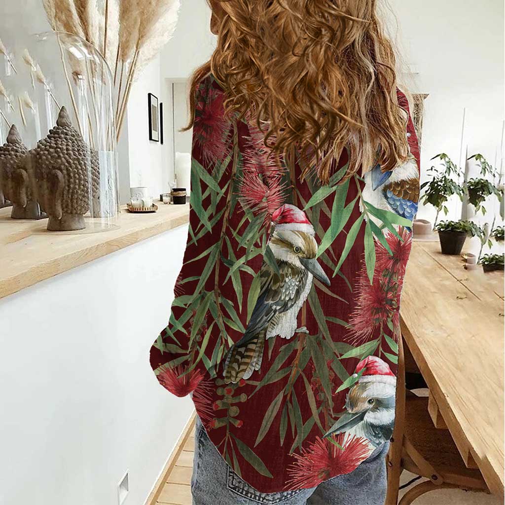 Australia Christmas Women Casual Shirt Kookaburra Santa on Red Bottlebrush - Vibe Hoodie Shop