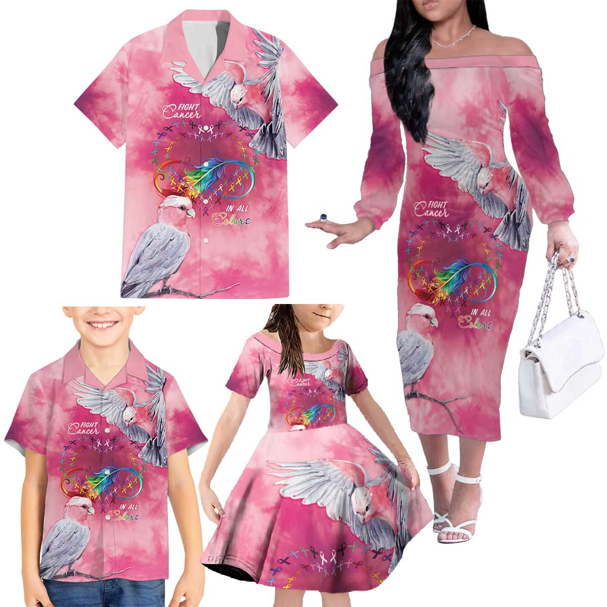 Australia Fight Cancer In All Colors Family Matching Off The Shoulder Long Sleeve Dress and Hawaiian Shirt Galah Pink Tie Dye - Vibe Hoodie