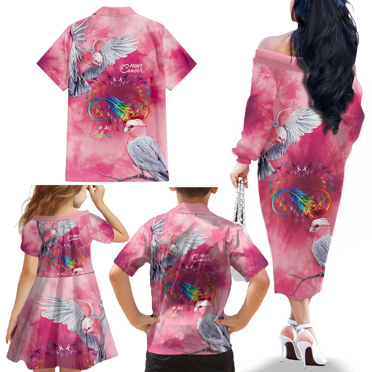 Australia Fight Cancer In All Colors Family Matching Off The Shoulder Long Sleeve Dress and Hawaiian Shirt Galah Pink Tie Dye - Vibe Hoodie