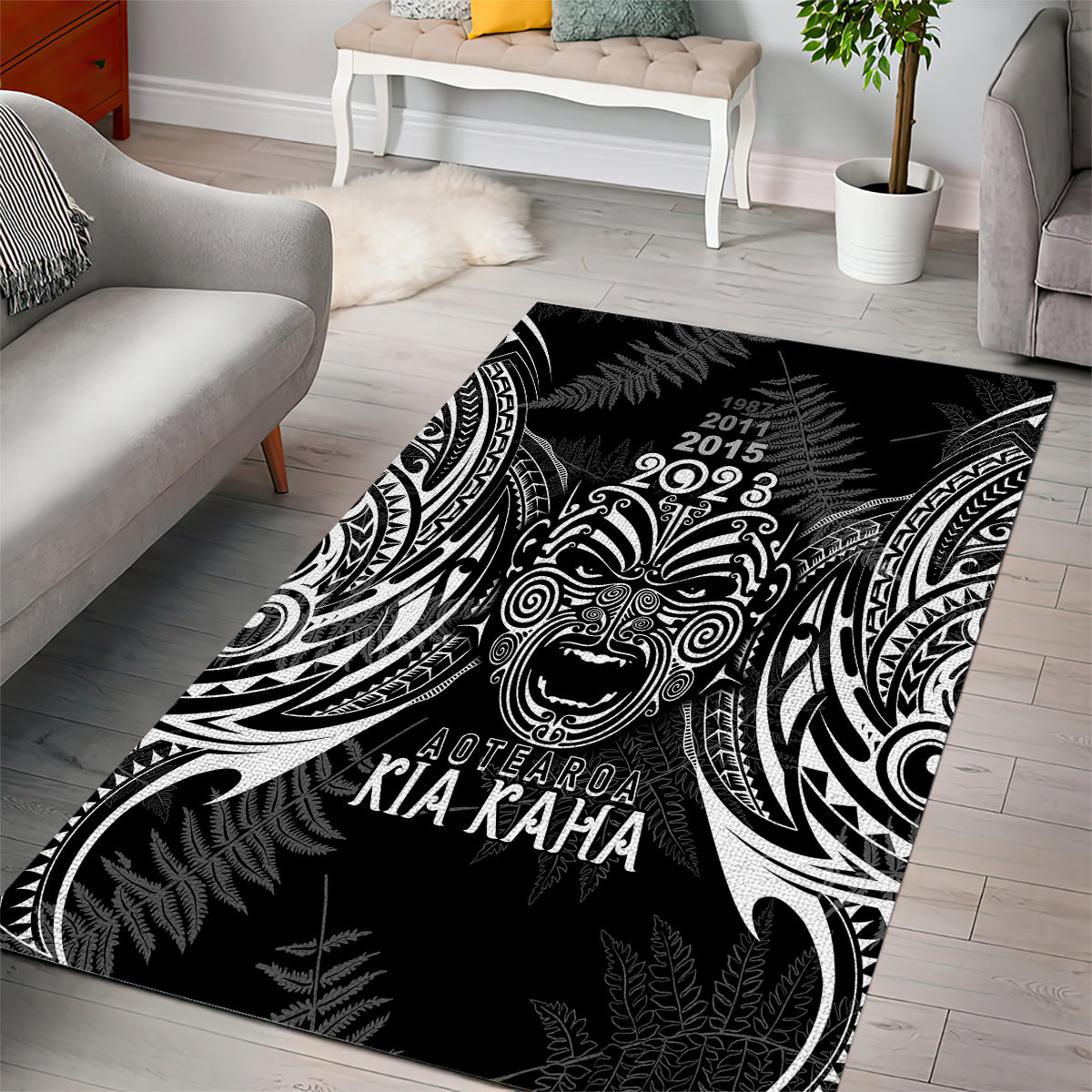 Custom New Zealand Rugby Area Rug 2023 World Cup Aotearoa Haka Face - Vibe Hoodie Shop