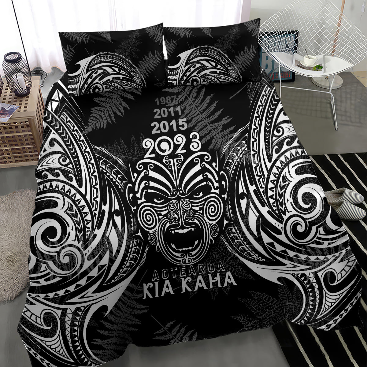 Custom New Zealand Rugby Bedding Set 2023 World Cup Aotearoa Haka Face - Vibe Hoodie Shop