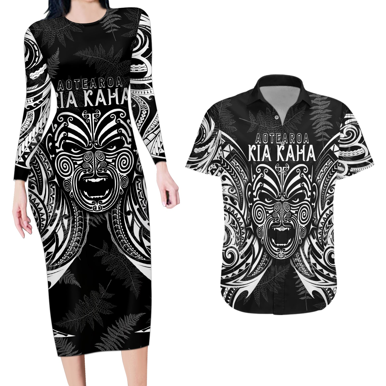 custom-new-zealand-rugby-couples-matching-long-sleeve-bodycon-dress-and-hawaiian-shirt-2023-world-cup-aotearoa-haka-face