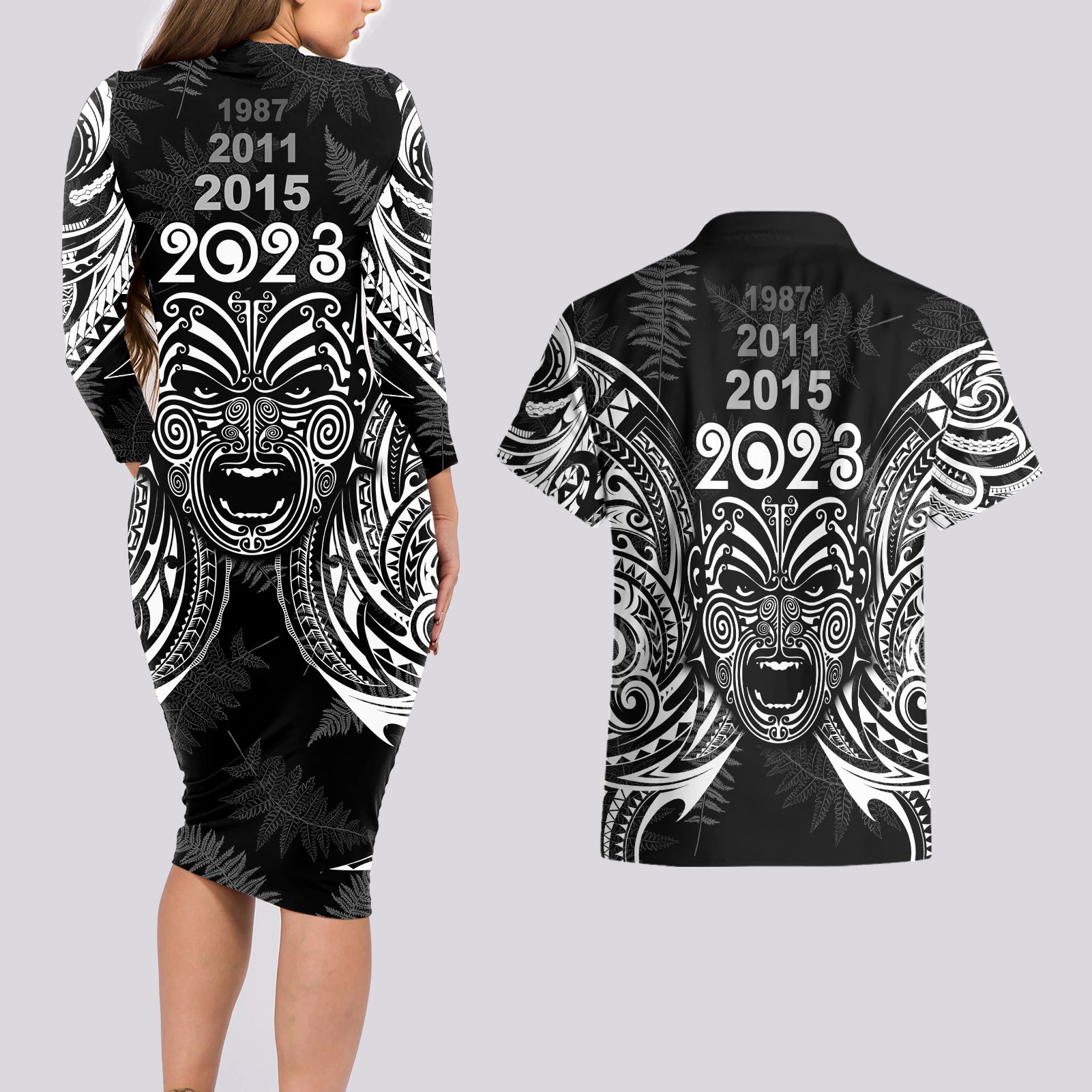 custom-new-zealand-rugby-couples-matching-long-sleeve-bodycon-dress-and-hawaiian-shirt-2023-world-cup-aotearoa-haka-face