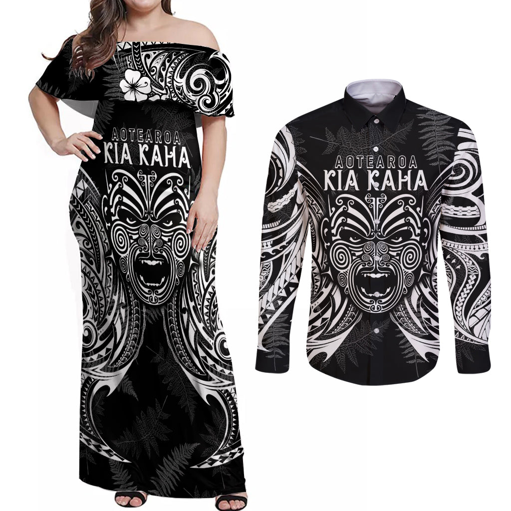 custom-new-zealand-rugby-couples-matching-off-shoulder-maxi-dress-and-long-sleeve-button-shirt-2023-world-cup-aotearoa-haka-face