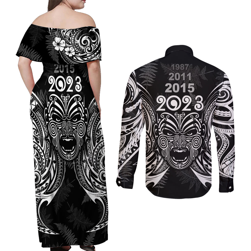 custom-new-zealand-rugby-couples-matching-off-shoulder-maxi-dress-and-long-sleeve-button-shirt-2023-world-cup-aotearoa-haka-face