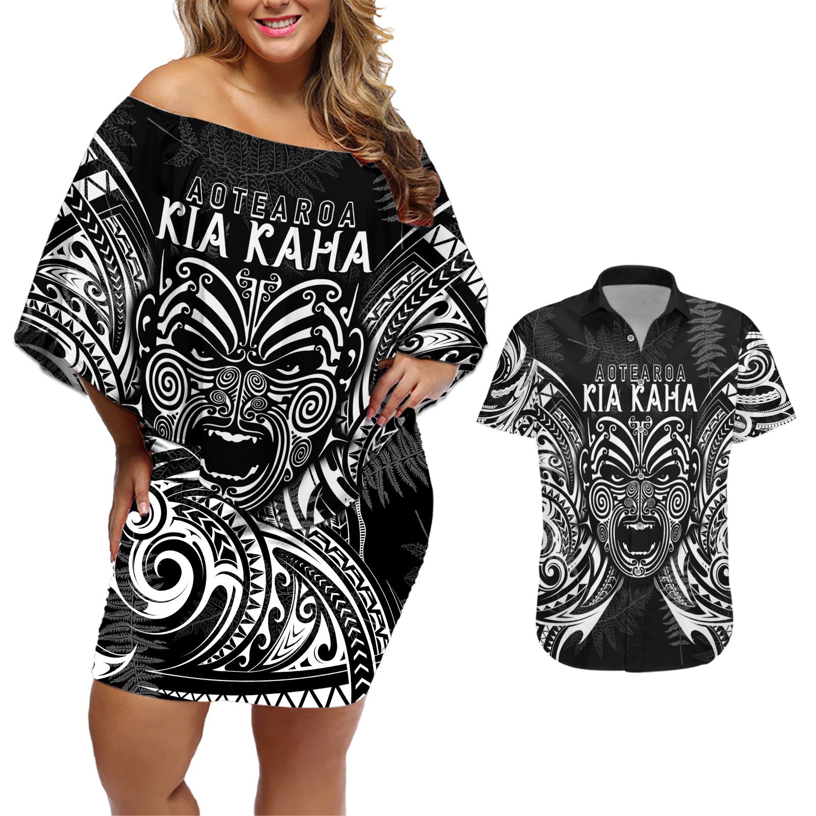 custom-new-zealand-rugby-couples-matching-off-shoulder-short-dress-and-hawaiian-shirt-2023-world-cup-aotearoa-haka-face