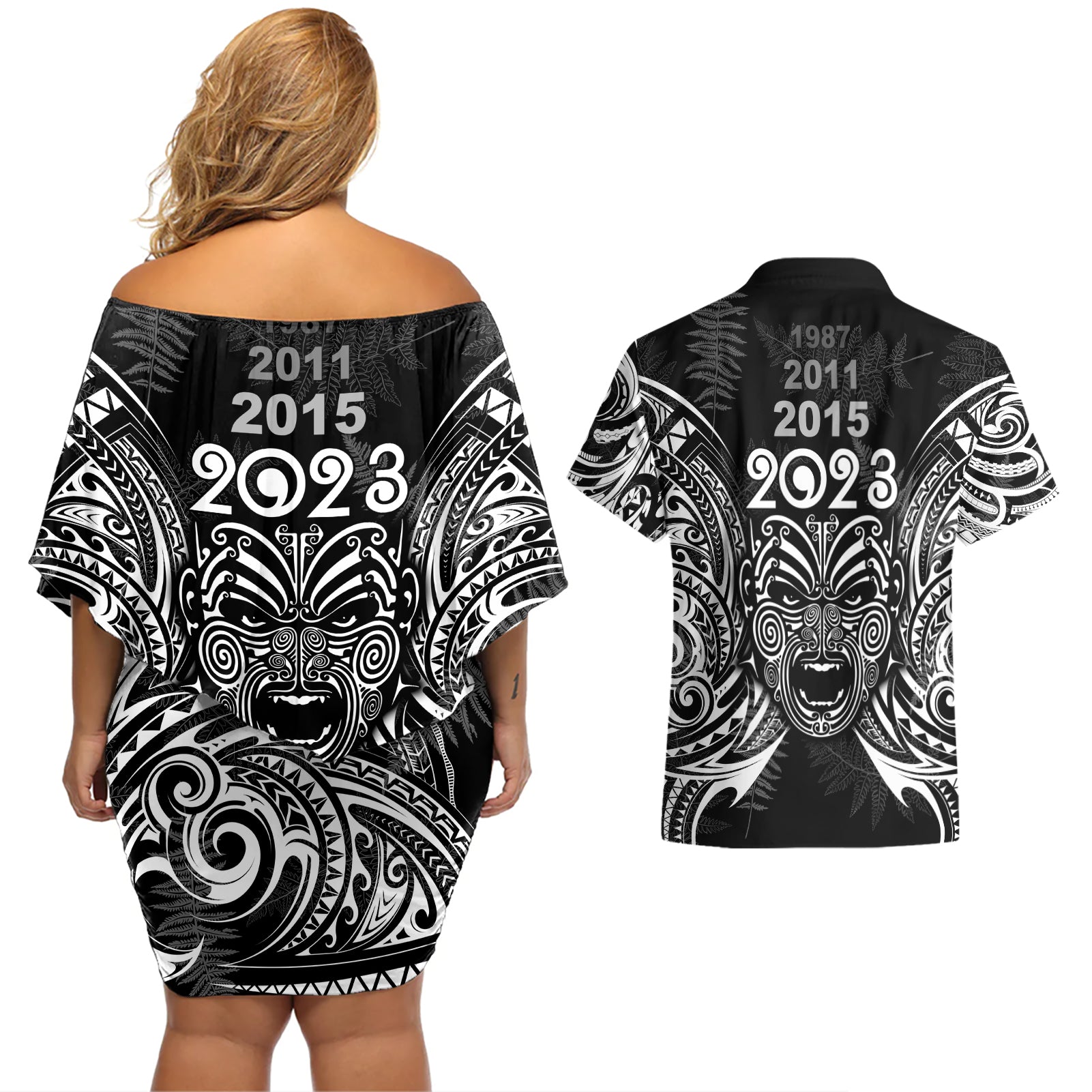custom-new-zealand-rugby-couples-matching-off-shoulder-short-dress-and-hawaiian-shirt-2023-world-cup-aotearoa-haka-face