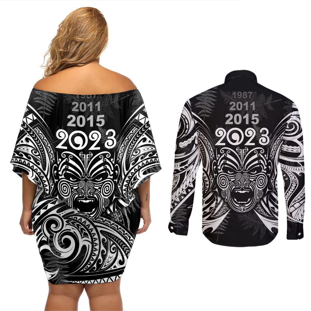 custom-new-zealand-rugby-couples-matching-off-shoulder-short-dress-and-long-sleeve-button-shirt-2023-world-cup-aotearoa-haka-face