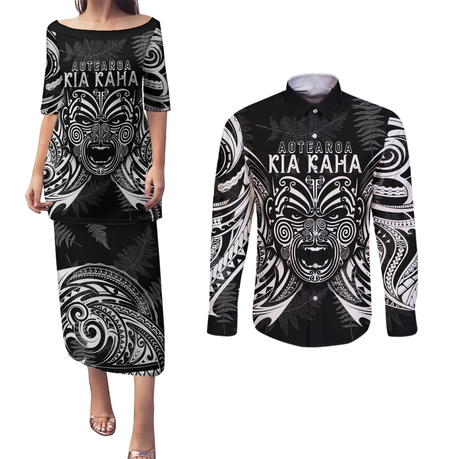 custom-new-zealand-rugby-couples-matching-puletasi-dress-and-long-sleeve-button-shirt-2023-world-cup-aotearoa-haka-face