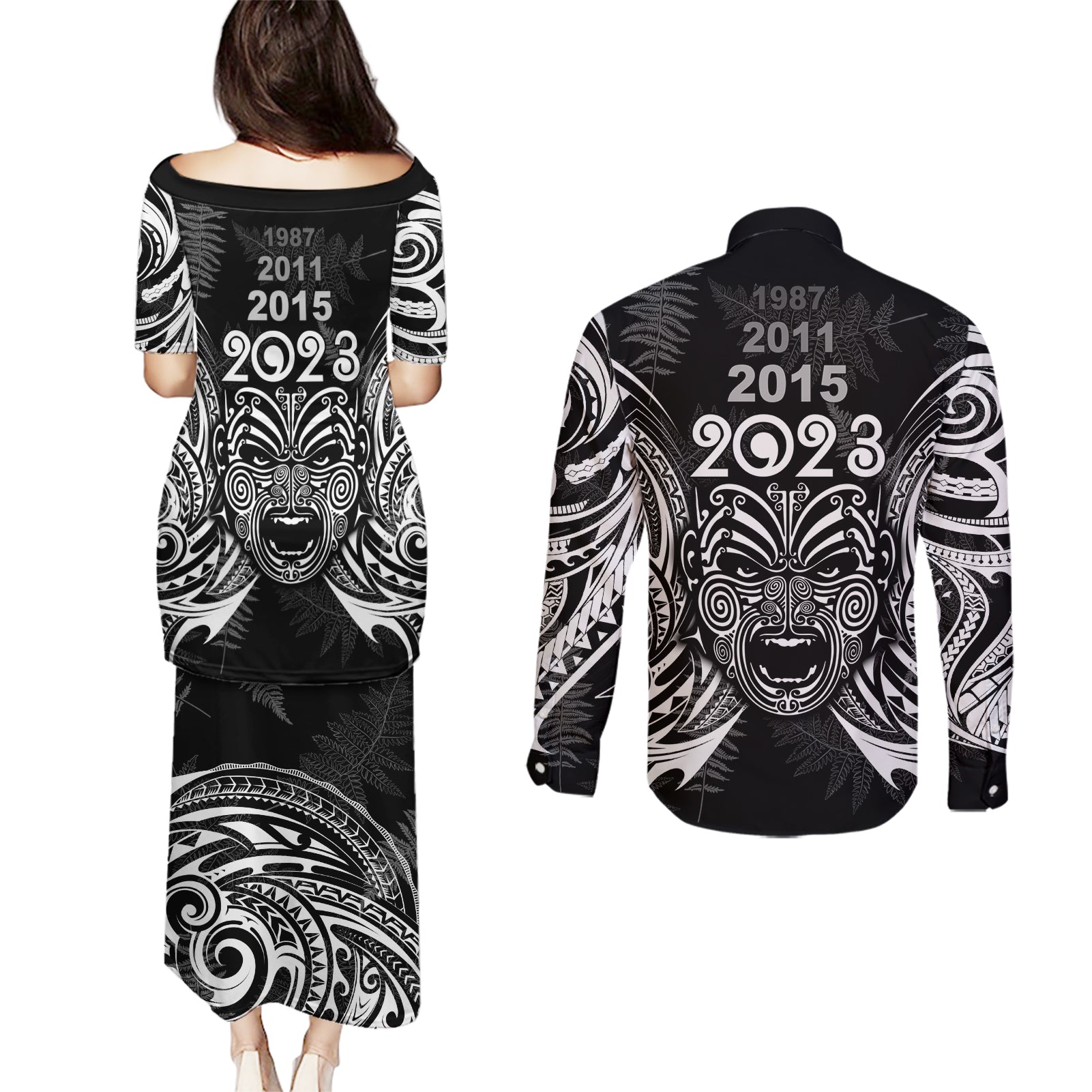 custom-new-zealand-rugby-couples-matching-puletasi-dress-and-long-sleeve-button-shirt-2023-world-cup-aotearoa-haka-face