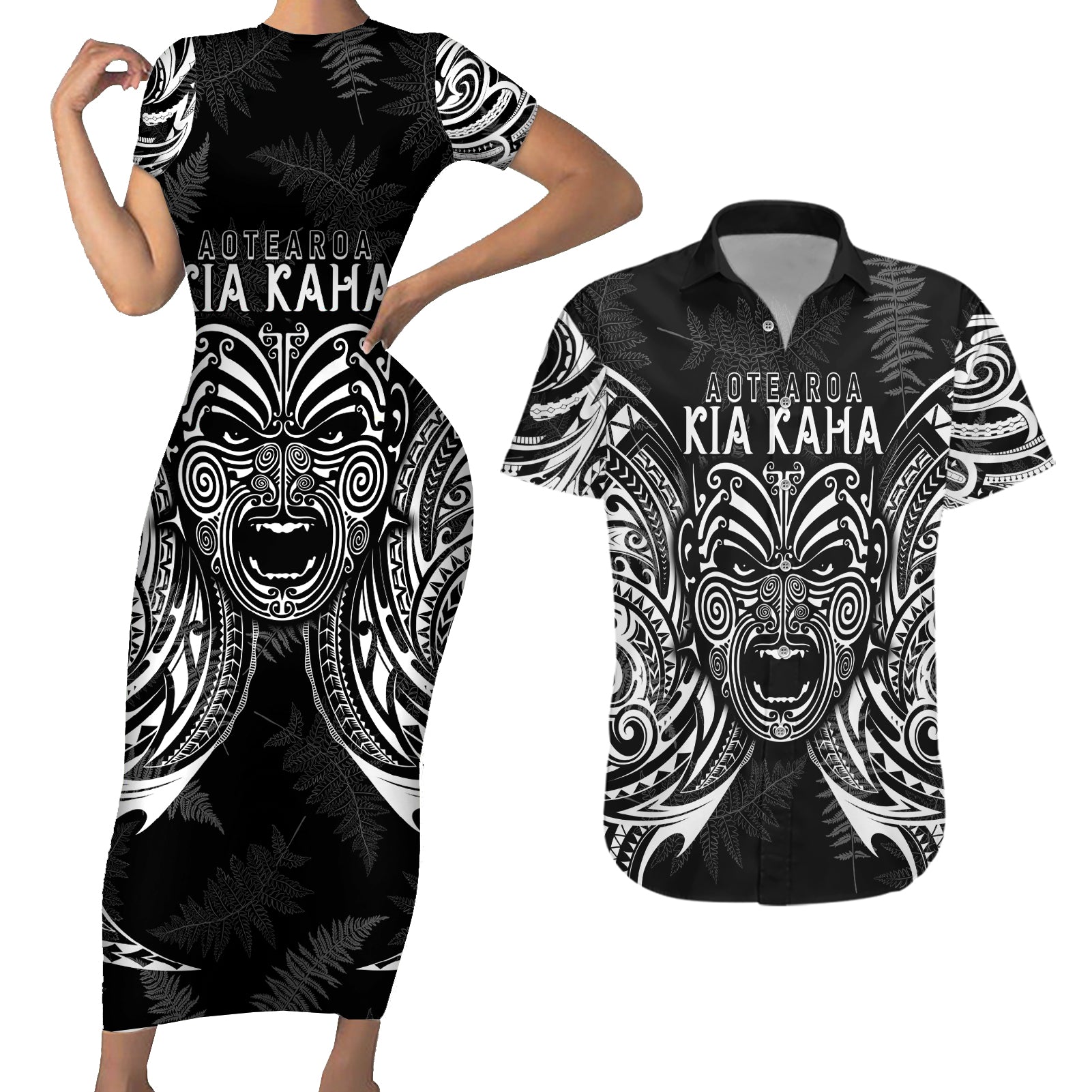 custom-new-zealand-rugby-couples-matching-short-sleeve-bodycon-dress-and-hawaiian-shirt-2023-world-cup-aotearoa-haka-face