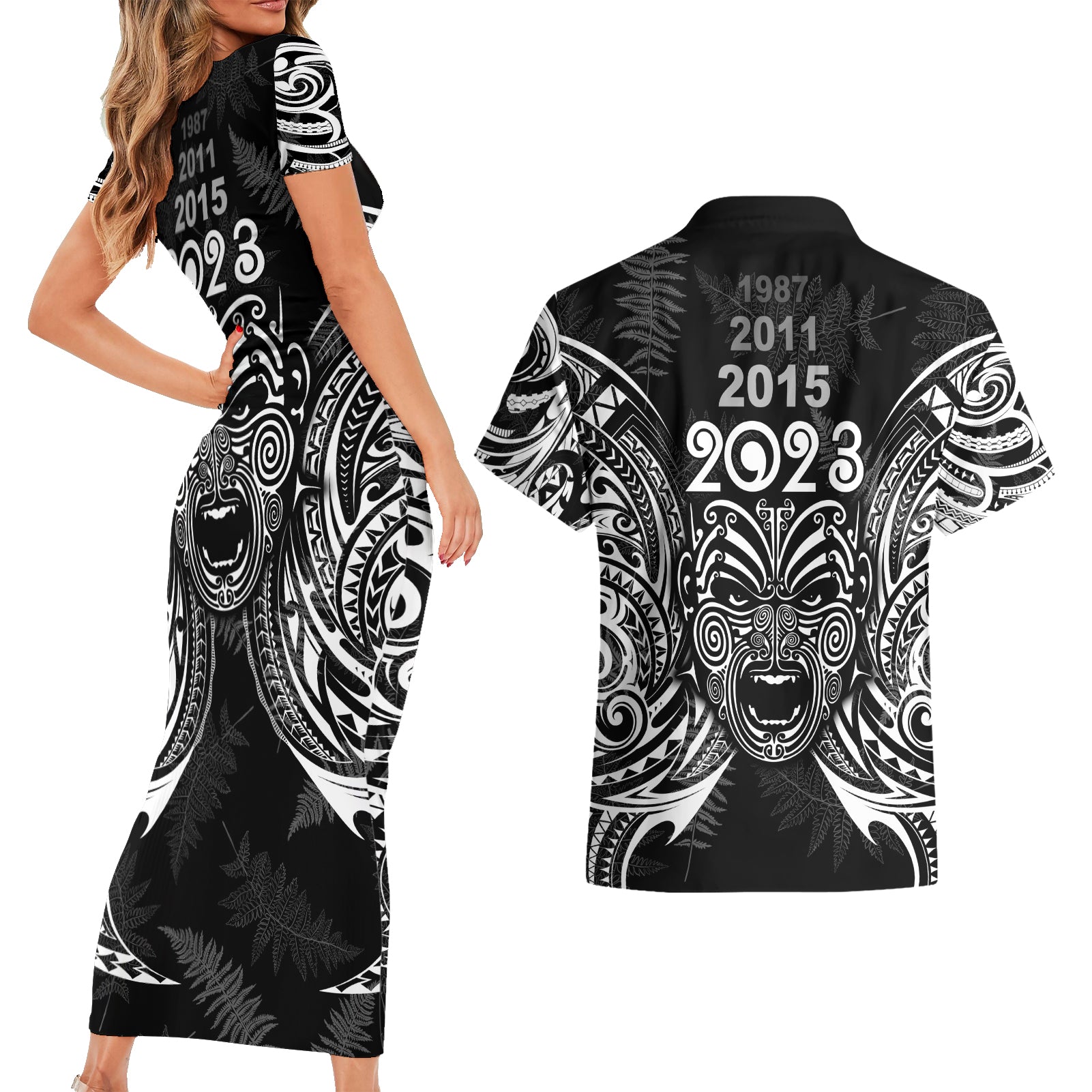 custom-new-zealand-rugby-couples-matching-short-sleeve-bodycon-dress-and-hawaiian-shirt-2023-world-cup-aotearoa-haka-face