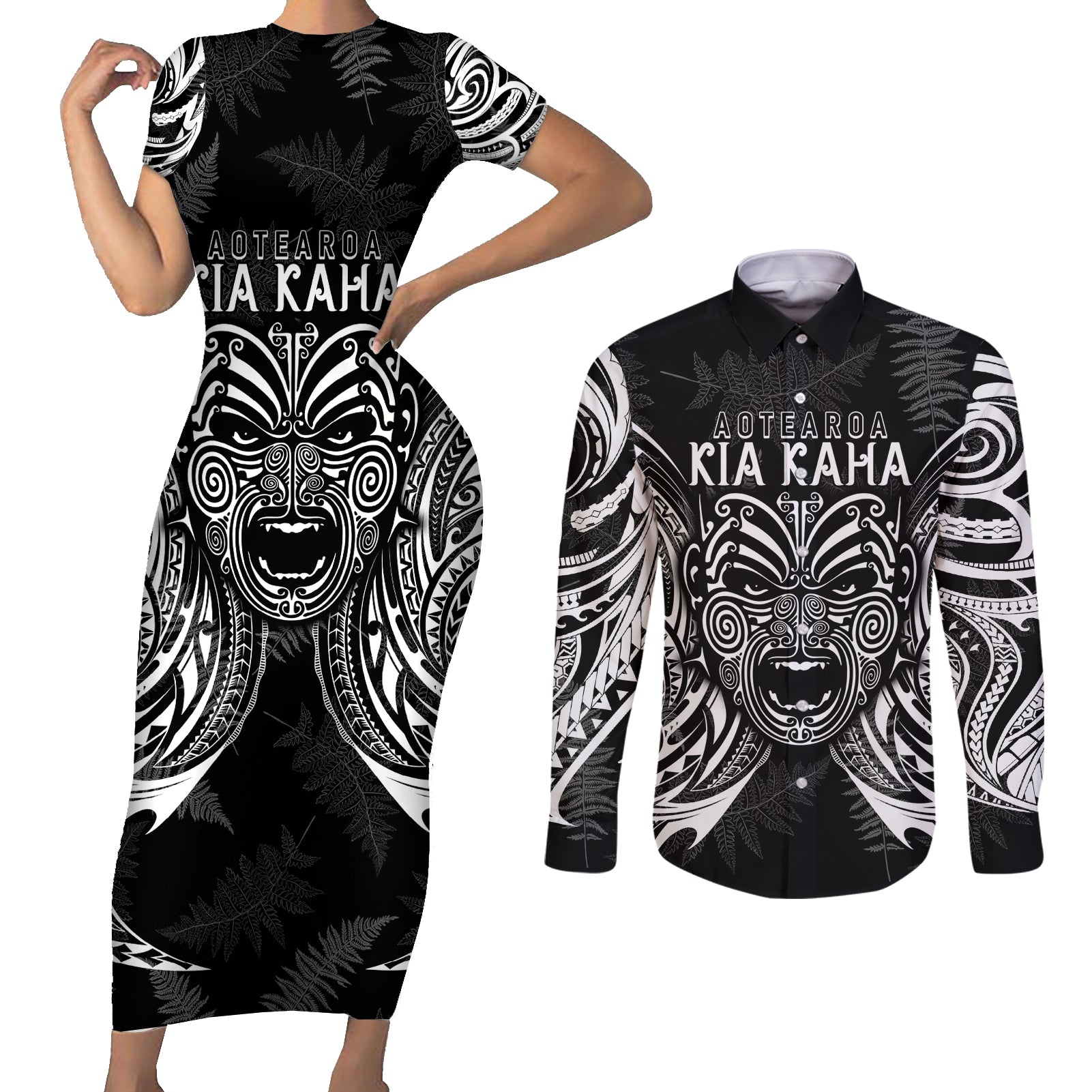 custom-new-zealand-rugby-couples-matching-short-sleeve-bodycon-dress-and-long-sleeve-button-shirt-2023-world-cup-aotearoa-haka-face