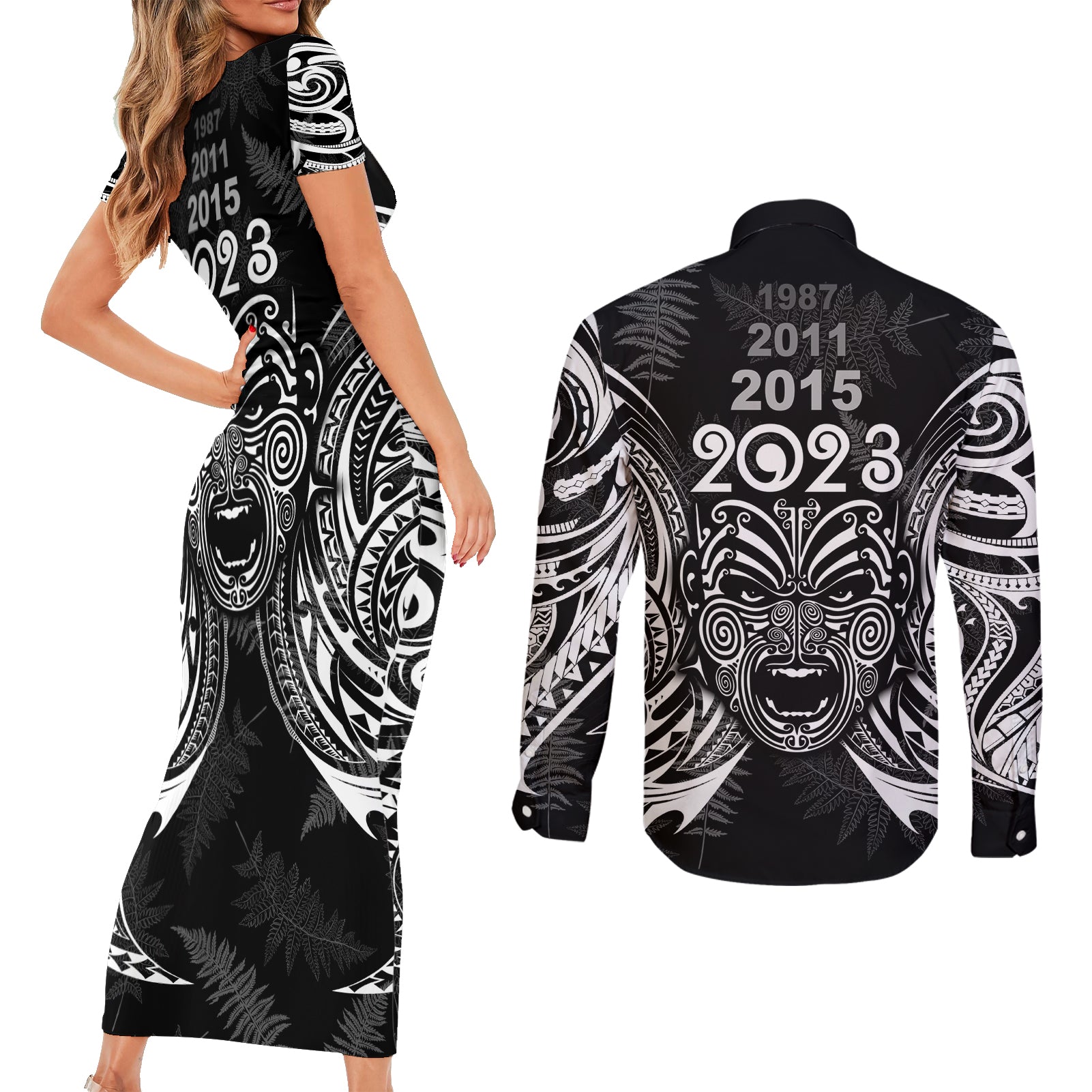 custom-new-zealand-rugby-couples-matching-short-sleeve-bodycon-dress-and-long-sleeve-button-shirt-2023-world-cup-aotearoa-haka-face