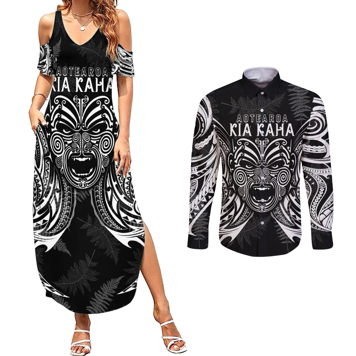 custom-new-zealand-rugby-couples-matching-summer-maxi-dress-and-long-sleeve-button-shirt-2023-world-cup-aotearoa-haka-face